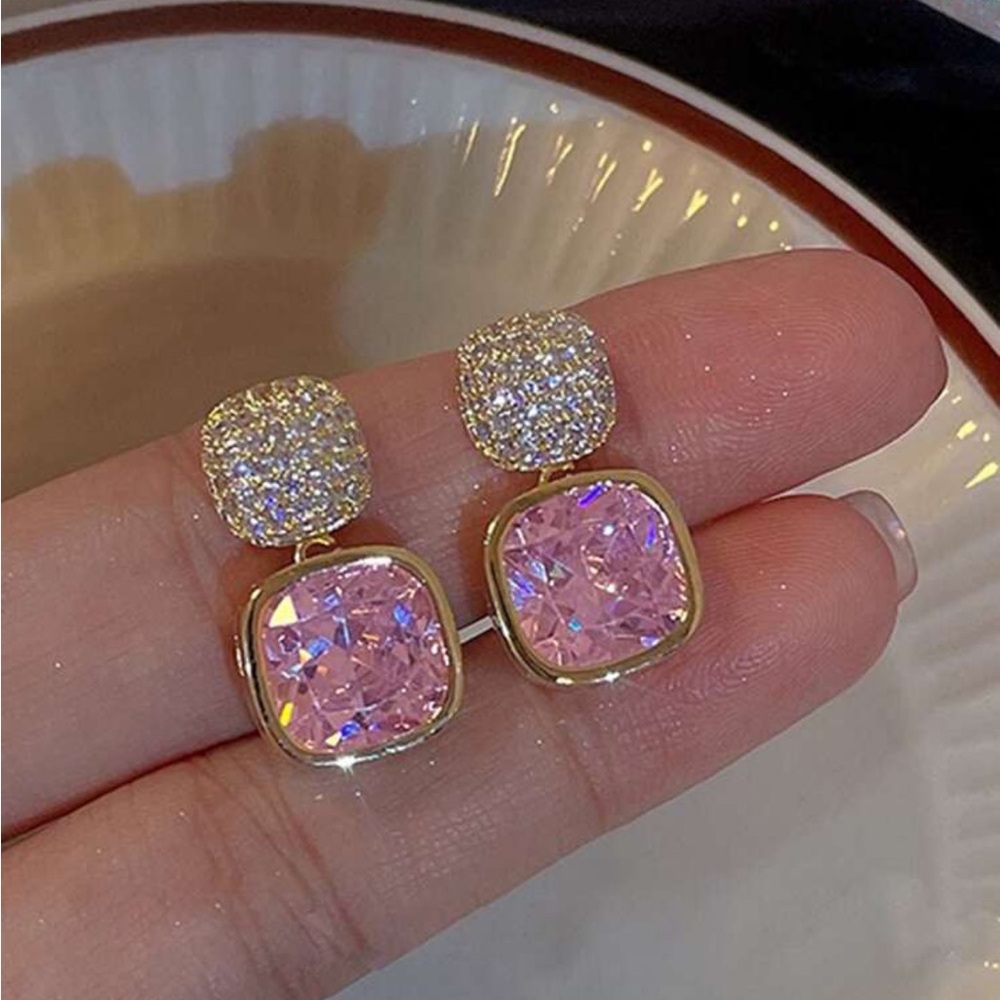 Gold and Pink Crystal Stud Earrings
